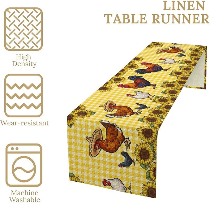Farm Rooster Table Runner, Retro Western Farmhouse Chicken Sunflower Retro Yellow Buffalo Grid Print Table Runner for Dinning Holiday Party Indoor Outdoor Decor, 13x70inch