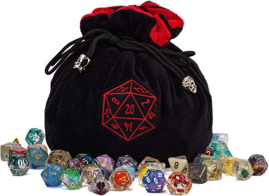 Large Dice Bags with Pockets Black Storage Bag D20 Logo for DND RPG Game Dices (with 1lb Random DND Dice)