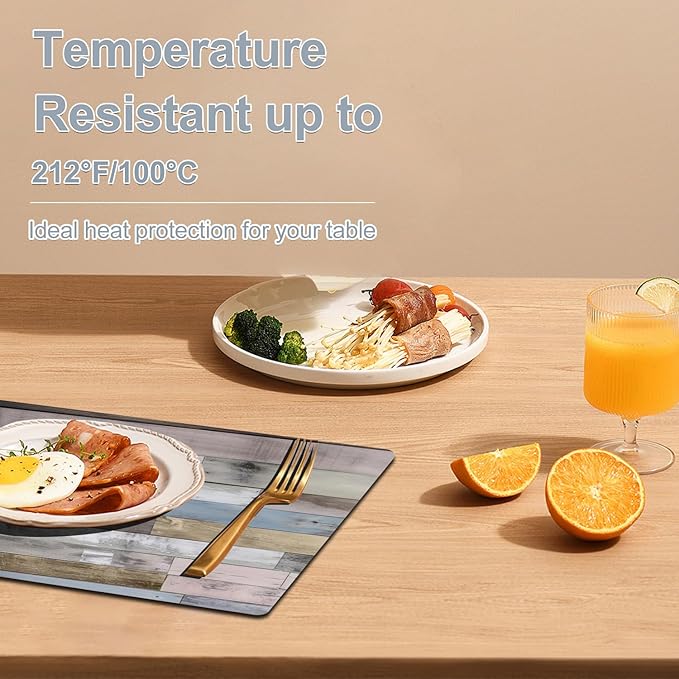 Farmhouse Placemats Set of 4 - Driftwood Faux Leather Heat Resistant Placemat for Dinner Table, Non-Slip Waterproof Oil-Proof Washable Reusable for Indoor Outdoor Kitchen Decor, 15.75In*11.81In