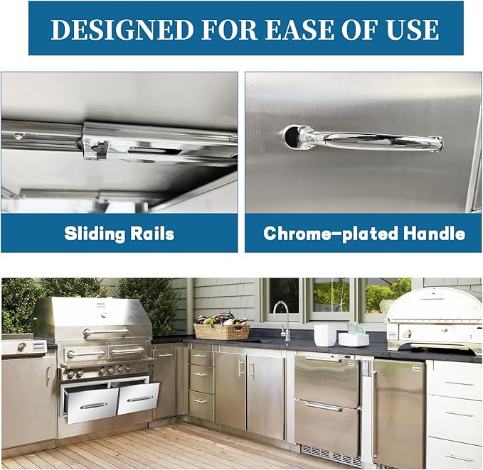 Outdoor Kitchen Drawers 30"Wx10"Hx20"D Flush Mount Access Horizontal 2-Drawer BBQ Stainless Steel Drawers with Handle for Outdoor Kitchen Island or Grill Station