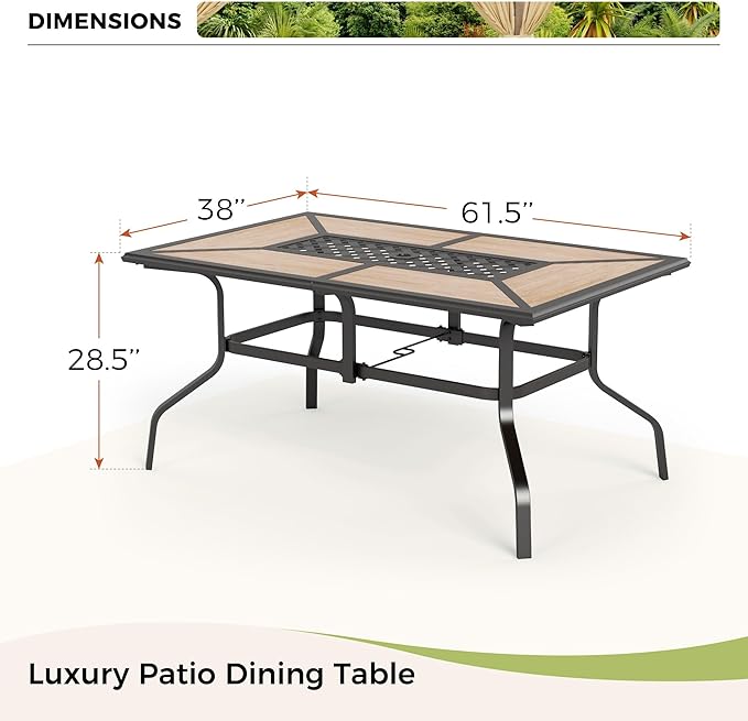 Outdoor Patio Dining Table for 6, 61" x 38" Rectangular Metal Patio Dining Table with Umbrella Hole for Garden, All Weather Wrought Iron Black Outdoor Table Backyard and Porch