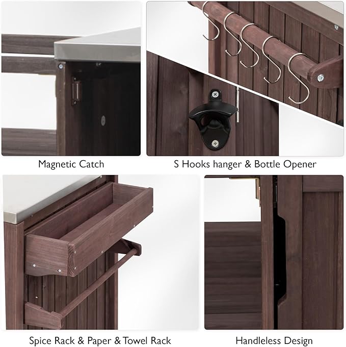 66.5" Outdoor Kitchen Island with Stainless Steel Top for Big Green Egg, Rolling Grill Cart with Adjustable Shelves, Lockable Wheels, Outdoor Table and Bar Storage Cabinet for Patio