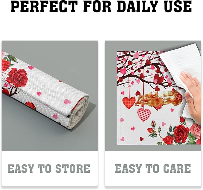 Giwawa Valentine's Day Placemats, Romantic Love Hearts Tree Branches Rose Floral Table Mat, Heat Stain Resistant Linen Place Mats for Kitchen Dining Wedding Anniversary Decor, 12"x18", Set of 4