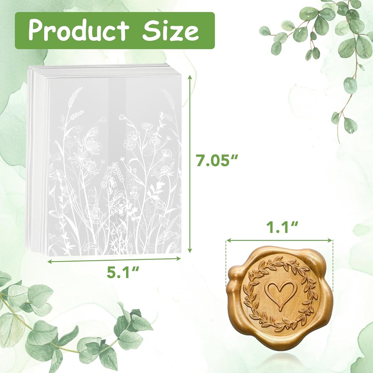 SWANGSA 100 Sets Wedding Invitations Wraps, Vellum Jackets for 5x7 Invitations & Self Adhesive Antique Gold Heart Wax Seal Stickers for Wedding Bridal Baby Shower Birthday Envelopes (White Wildflower)