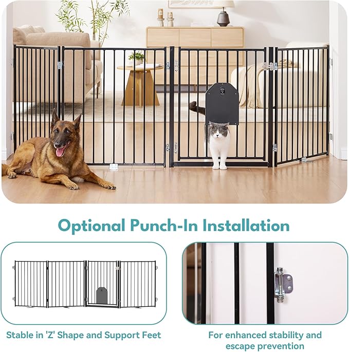 No Pawblems Free Standing Dog Gate with Cat Door, 30'' Tall Foldable Dog Fence for Indoor & Outdoor, Up to 104 Inch Extra Wide Puppy Gate for Stairs, Hallways, Doorways, Deck, Yard (Black, 4 Panels)