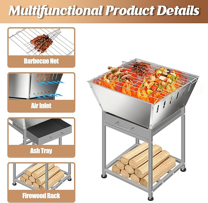 Stainless Steel Inch Square Wood Fire Pit with Grill, 2-in-1 Outdoor Firepit with Ash Pan and Wood Storage, Portable for Backyard, Patio, Camping Use