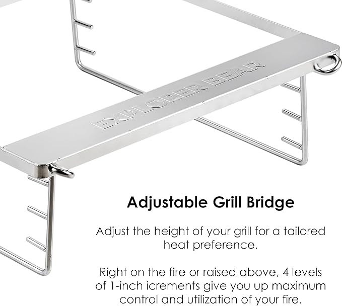Explorer Bear 20" Stainless Steel Foldable Takibi Fire & Grill with Carrying Bag, Bridge, and Coal Bed | Portable Wood Burning Grill and Fire Pit | Perfect for Camping, Outdoors, Patios