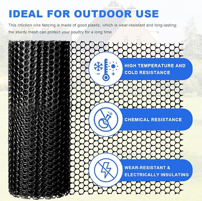 Plastic Chicken Wire Mesh Fence Roll with Zip Ties,15.7inx16.4ft Black,Chicken Wire Fencing,Garden Fence Animal Barrier for Dogs, Cats & Poultry,Easy Install