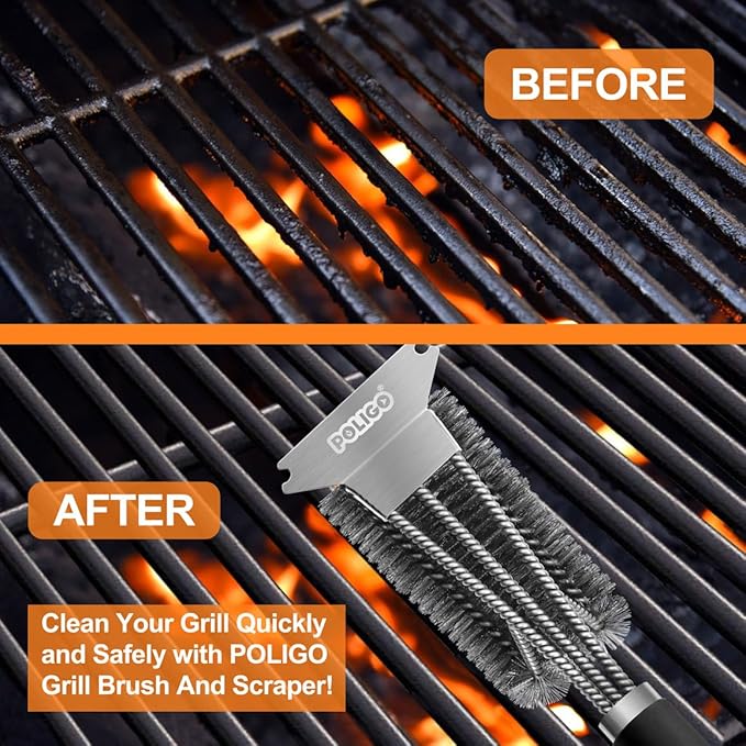 POLIGO Safe Grill Brush and Scraper with Deluxe Handle - 18" Grill Cleaner Brush Stainless Steel Bristle Grill Brush for Outdoor Grill Wizard Grate - BBQ Brush for Grill Cleaning Ideal Grilling Gifts