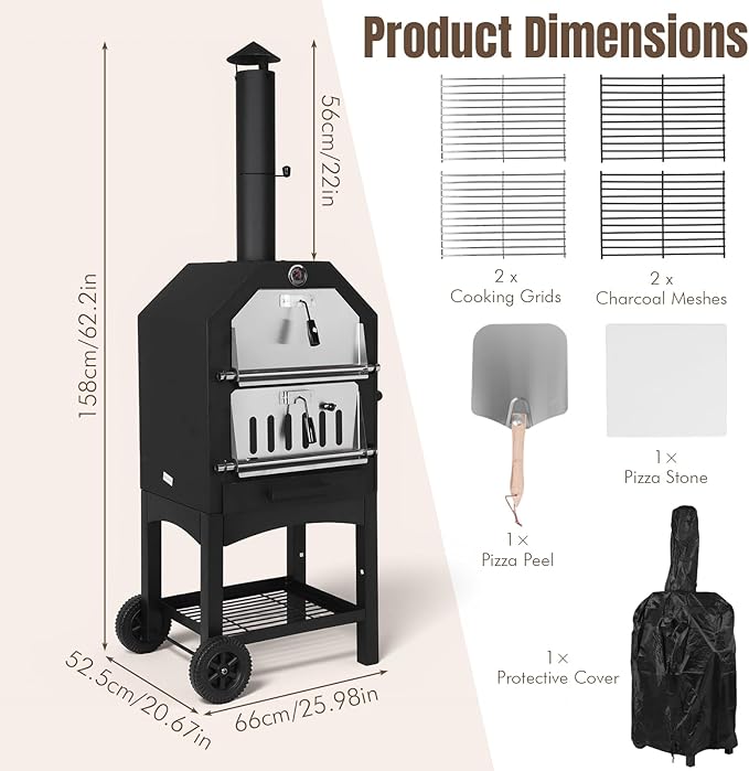2-Tier Freestanding Charcoal Pizza Oven Stone and Shovel Large Wood Fired Pizza Oven for Backyard Camping Tailgating