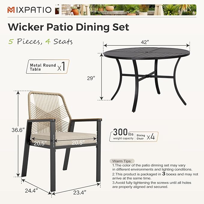 5 Pieces Round Outdoor Dining Set for 4, Patio Dining Set Wicker Rattan Chairs with Soft Cushion and 42" Round Table with Umbrella Hole, Round Patio Table and Chairs for Backyard Porch