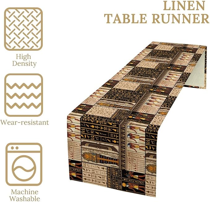 Ancient Egyptian Table Runner, Vintage Abstract Mystical Hieroglyphics Culture Table Runner for Dining Coffee Party Holiday Farmhouse 13x108in