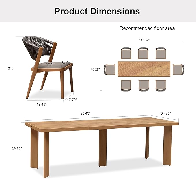 PURPLE LEAF 8-Piece Patio Dining Set Outdoor Furniture Rectangular Table and Chairs Set with Aluminum Frame and Teak-Finish for Garden Deck Backyard Kitchen Deep Teak Outdoor Set