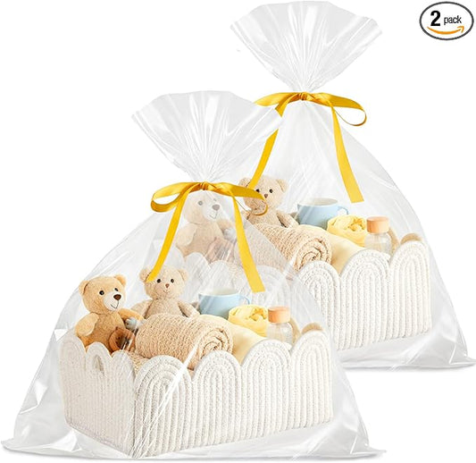 2 Pcs Small White Scalloped Wicker Hand-Woven Rattan Baskets with Built-in Handles and Clear Gift Bags 12"X 8" X 5" for Baby Diaper Caddy Basket Baby Shower Gifts Easter Egg Storage