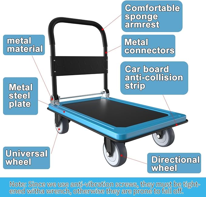 WUD Push Cart, Folding Mobile Platform Trolley,Thickened and Reinforced, 360° Swivel Wheels,35.4 “L x 23.6 ”W, 1100 lb. Blue Dolly cart with Wheels