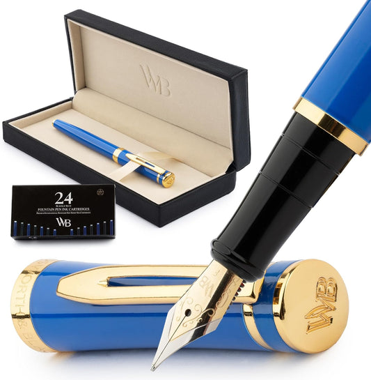 Wordsworth & Black Fountain Pen Set, 18K Gilded Fine Nib, Includes 24 Pack Ink Cartridges, Ink Refill Converter & Gift Box, Gold Finish, Calligraphy, [Imperial Blue], Perfect for Men & Women