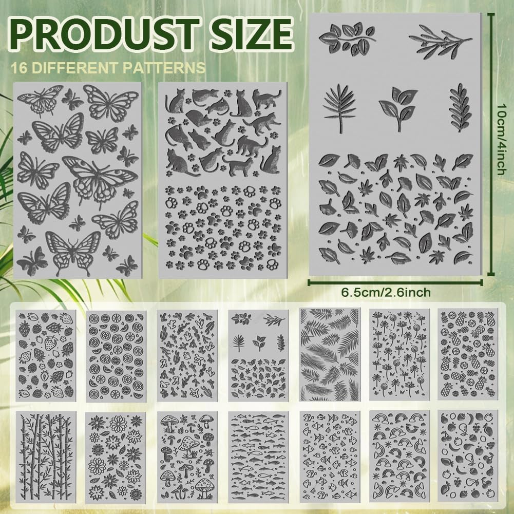 CHGCRAFT 16 Sheets 16 Styles Animals Dandelions Polymer Clay Texture Mat Mushrooms Modeling Pattern Pad Plants Fruits Texture Sheets for Polymer Clay Making Earrings Jewelry Tools, 4×2.6 inch