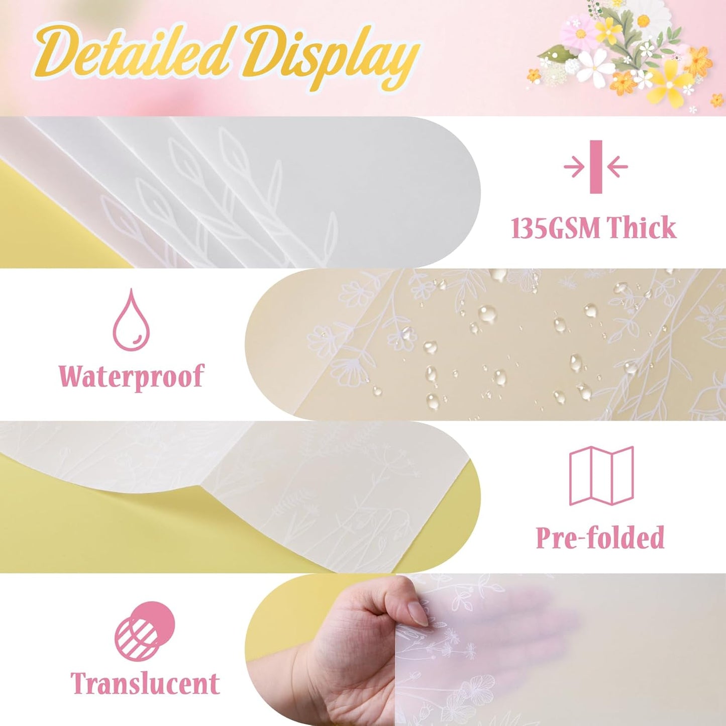 HAUTOCO 200 Pack Vellum Jackets for 5x7 Invitations, Pre-Folded Translucent 135GSM Vellum Paper Wraps, White Flower Envelope Liners Wedding Invitations Accessories