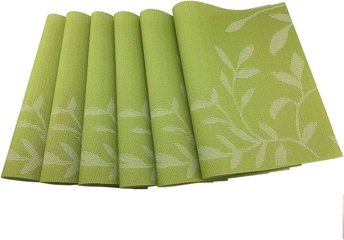 Gugrida Place Mats PVC Set of 6, Table Placemats Set of 6 PVC Woven Vinyl Place Mats Table Mats Natural Color (6 pcs, Green Leaves)
