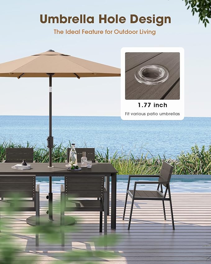Patio Outdoor Dining Set for 6, Aluminum 7 Piece HDPS Outdooor Table and Chairs Set with Umbrella Hole, Modern Rectangular Patio Furniture Set with All-Weather Table & 6 Chairs (Charcoal)