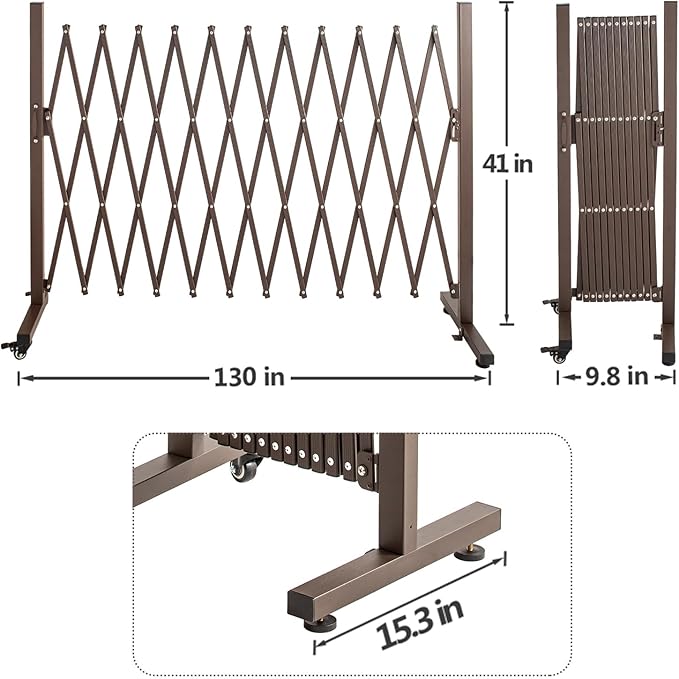 TECSPACE Aluminum Expandable Garden Fence, Portable Barricade Gate with Casters, Adjustable Retractable Fence Mobile Barricade Safety Barrier (Brown, 130×15×41 inch)