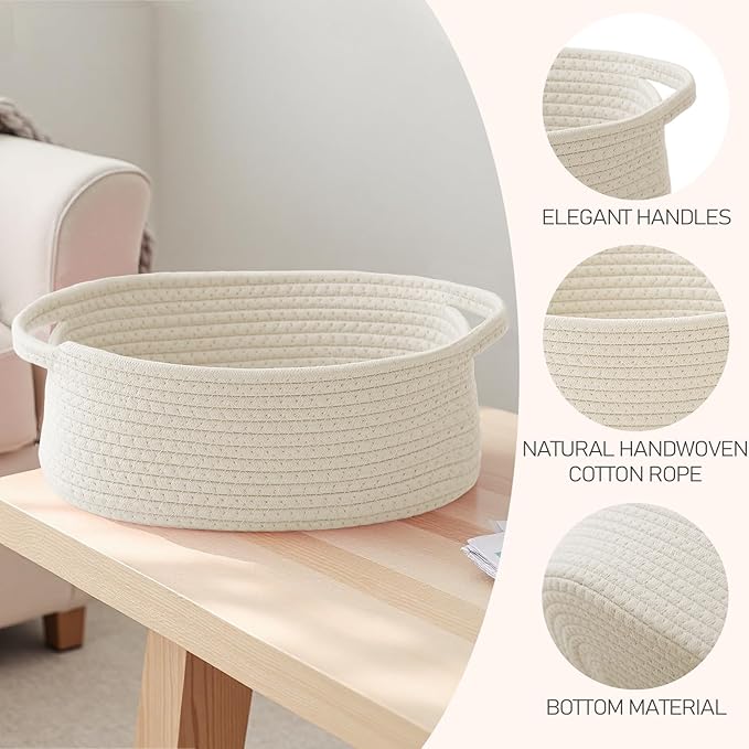 Woven Basket,Small Rope Storage Bin with Handles & Ribbon Bag, Organizer for Shelves Closets,Gift Basket Empty for Birthday,Books,Dog Toys,White/2 Pack