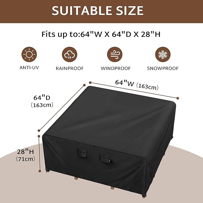 iBirdie Outdoor Patio Furniture Set Covers 64 x 64 inch fit 5 x 5 ft, 60 x 60 inch Table, Waterproof Weatherproof Square Cover, Heavy Duty 600D for Outside Dining Table and Chairs
