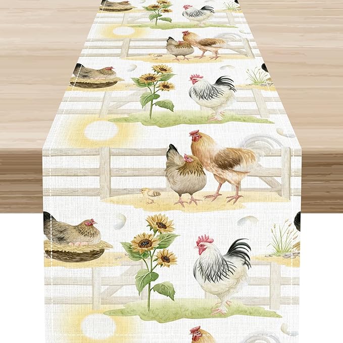 Farmhouse Rooster Table Runner, Sunflower Rooster Retro Farmhouse Sun Country Wooden Fence Chicken Coffee Table Center Decor for Home Kitchen Dining Patio Holiday Party Table Decorations 13"x72"