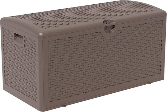 80 Plus Gallon Resin Deck Box, Waterproof Outdoor Storage Box for Patio, Poolside, and Garden, Lockable UV-Resistant Storage Bin Bench Cabinet for Small Spaces, Brown