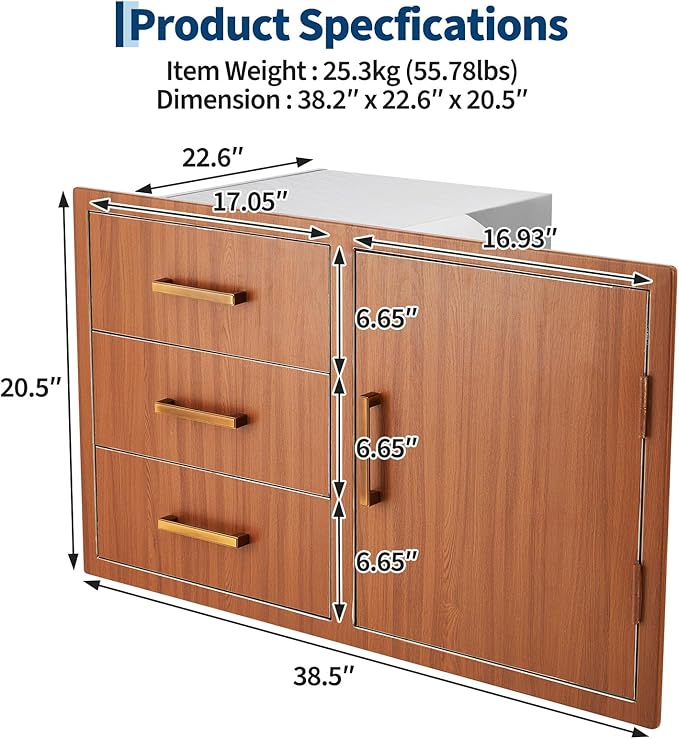Stainless Steel Outdoor Kitchen Door Drawer Combo 38.2" W x 20.5" H x 22.6" D - Triple Drawers & Access Door, Propane Storage & Adjustable Garbage Ring, Weather-Resistant Flush Mount