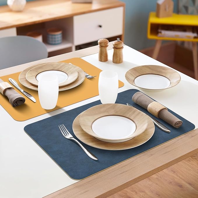 Faux Leather Placemats Set of 6 Table Mats Heat Resistant Reversible Place Mats, Waterproof Wipeable Dining Table Placemats for Home Party Outdoor, 15.8 x 11.8 inches (Blue/Yellow)