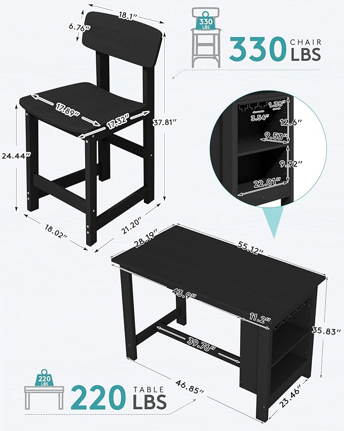 SERWALL Outdoor Bar Table and Chairs Set, 3-Piece HDPE Counter Height Patio Dining Sets with Storage and Wine Rack, Rectangular High Top Bar Table with 2 Bar Stools for Garden, Backyard, Black