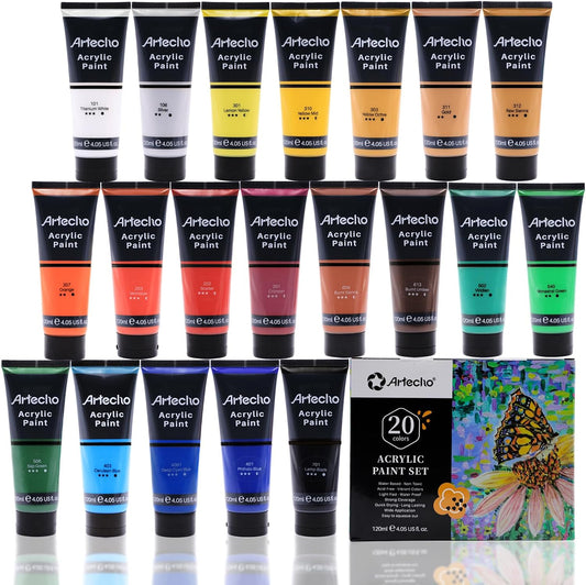 Artecho Professional Acrylic Paint Set, 20 Primary Colors (120ml / 4.05oz) Tubes, Art Craft Paints for Canvas, Rock, Stone, Wood, Fabric, Art Supplies