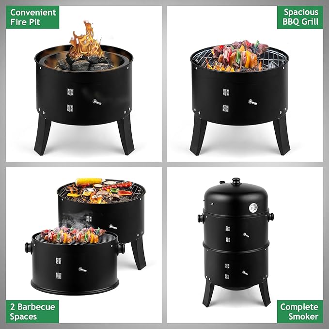 3-in-1 Vertical Charcoal Smoker Grill - Heavy Duty Portable Outdoor BBQ with Smoking Function, Built-in Thermometer, Air Vent & 2 Access Doors for Backyard Parties, Camping