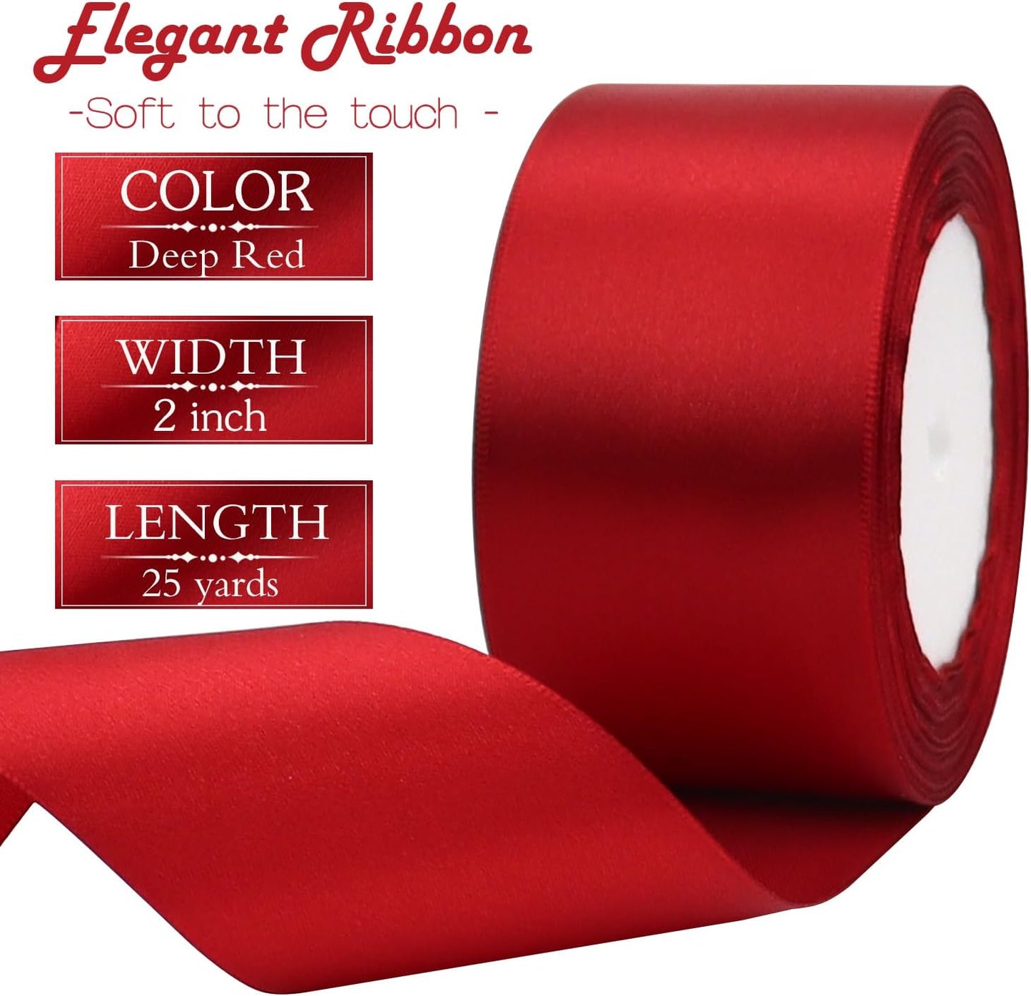 Deep red Solid Satin Ribbon 2 Inch 25 Yards Solid Polyester Fabric Ribbon for Gift Wrapping Wedding Christmas Baby Shower Birthday Party Decoration Handmade Immortal Flower Craft