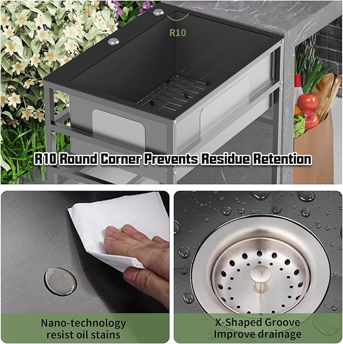 Black utility sink, 25x18 Inch Stainless Steel Freestanding Laundry Sink Practicality With Accessories-Black Faucet,Soap Dispenser, SS Sink Grid, Colander For Laundry,Garage,Outdoor Kitchen,Garden...