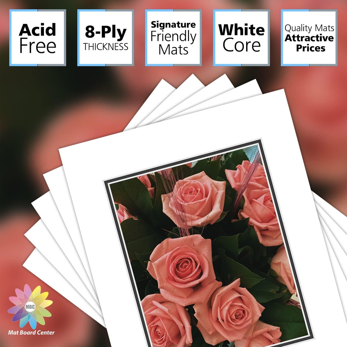 Mat Board Center, Double Mat - Acid Free, 8-ply Thickness, White Core - for Pictures, Photos, Framing (White Over Black, 16x20 for 11x14, Pack of 5)