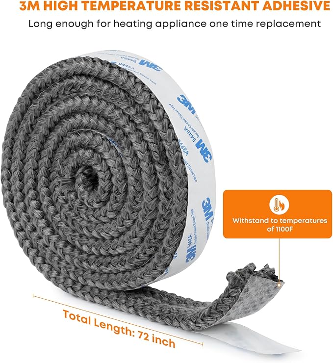Stanbroil Stove Gasket Tape, 1" Width, 3/8" Thick, 72" Length Self Adhesive Flat Gasket for Stoves and Fireplaces, High Temperature Fiberglass Gasket Tape