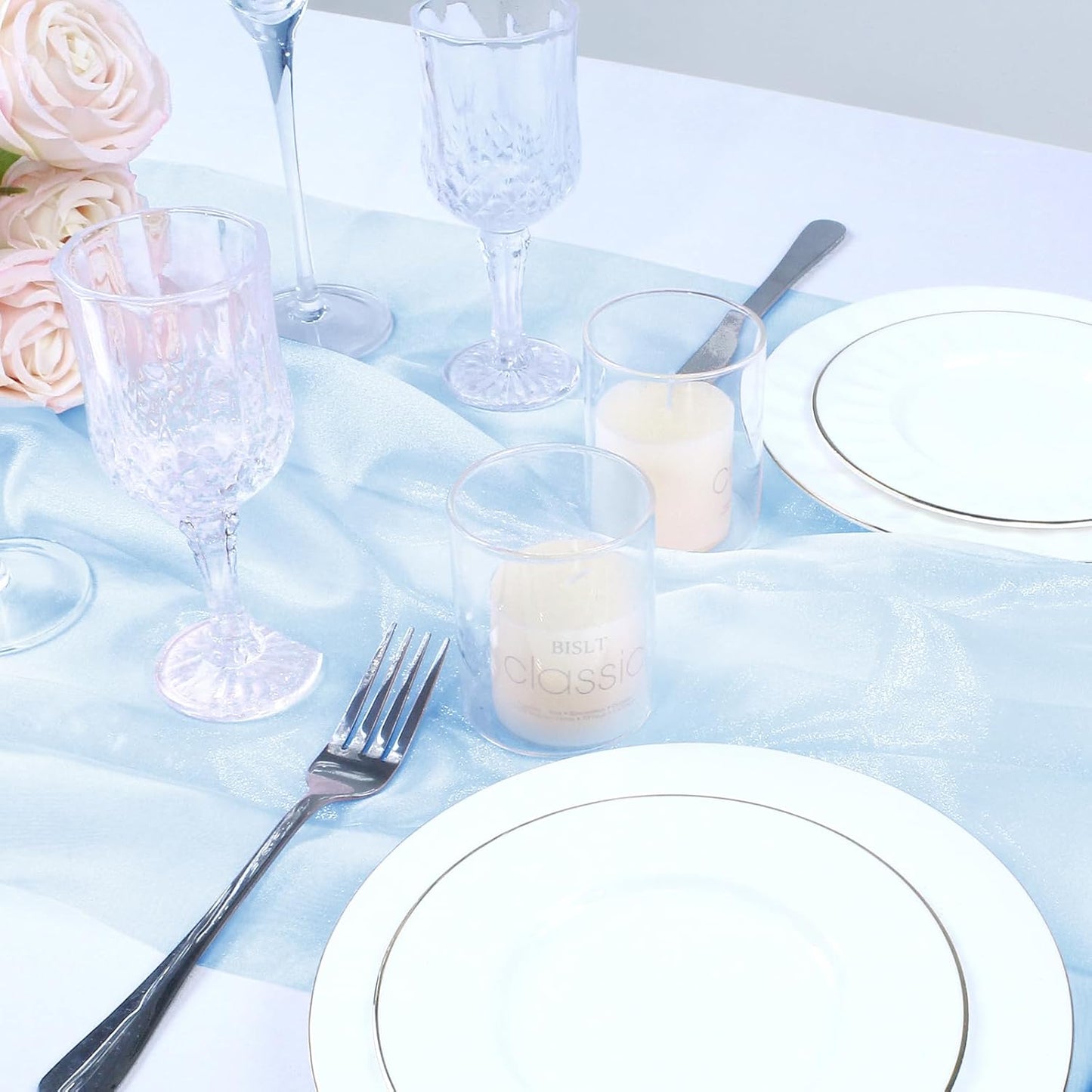 VACVELT Sheer Organza Fabric by The Yard, 60 Inch Wide Light Blue Organza Fabric Bolt Bridal Sheer Tulle Fabric, Silk Organza Fabric Roll for Wedding Party Decorations Backdrop Curtain (1 Yard)