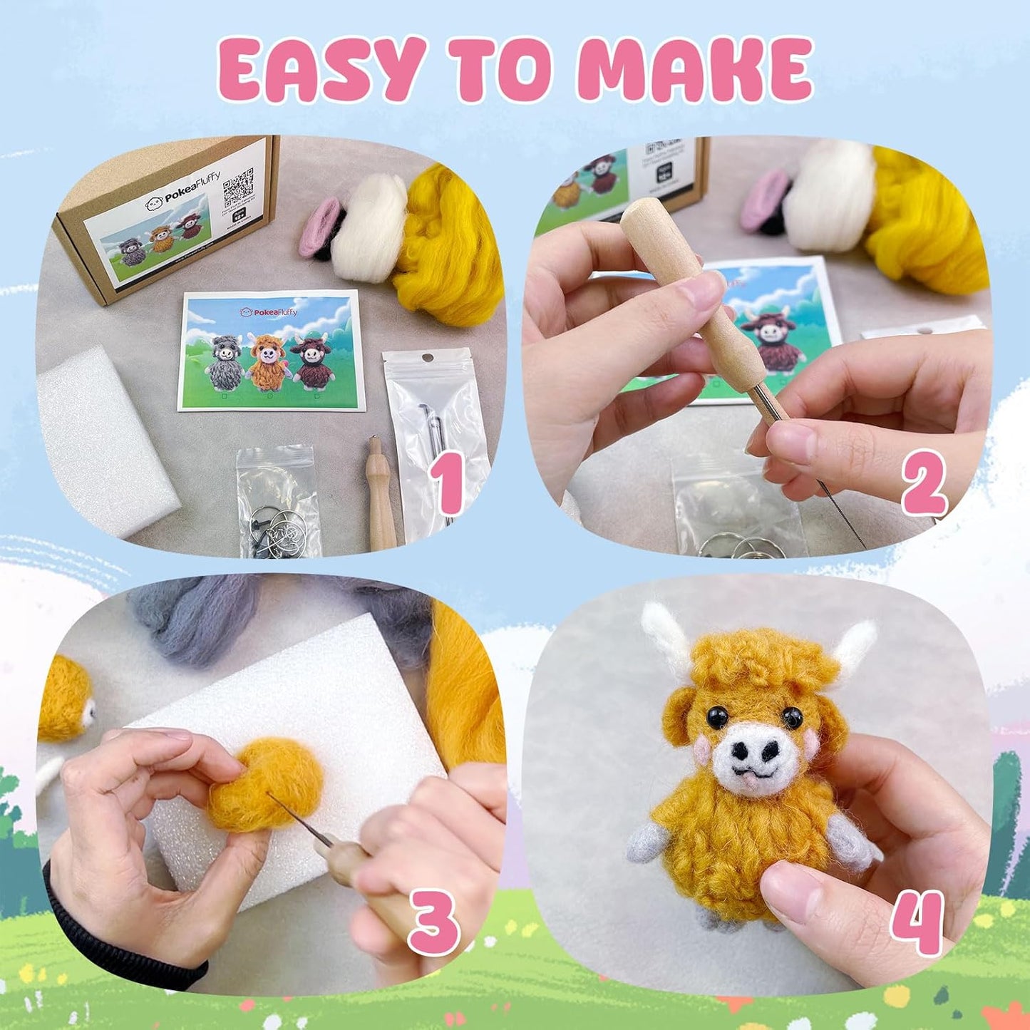 Needle Felting Kit, 3 Pcs Highland Cow Wool Needle Felting Kit for Beginners & Adult, Animal Doll Making Set with Video Instruction, Craft Party Supplies, Tools & Foam Pad, DIY Birthday Gift