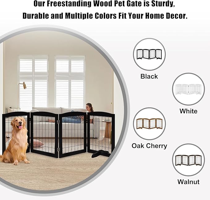 LZRS 4-Panel Freestanding Wooden Dog Gate—Extra Wide 30” Tall Foldable Pet Barrier with Support Feet, Solid Hardwood & Steel Wire Safety Gate for Doorways, Hallways, and Stairs, Black