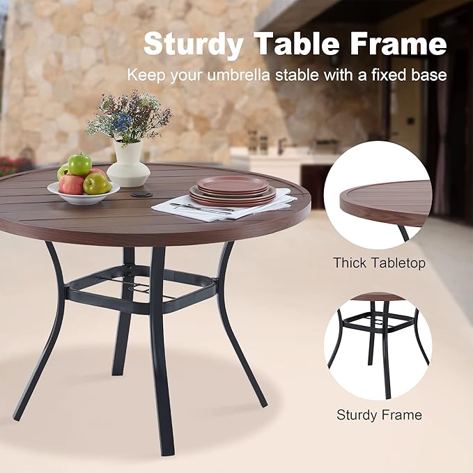VICLLAX Round Patio Dining Table, 41 inch Metal Outdoor Dining Table with Umbrella Hole for Garden Lawn Balcony Deck, Walnut