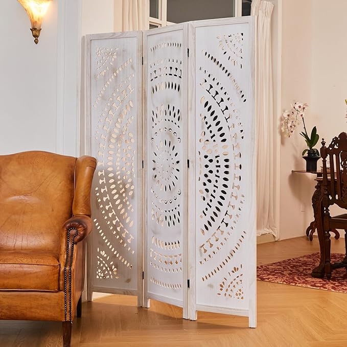 Room Divider Wood Carved Wall Divider Indoor Folding Bohemian Style Portable Partition Screen for Home Office Garden Terrace - 3 Panels (Antique, White-Washed)