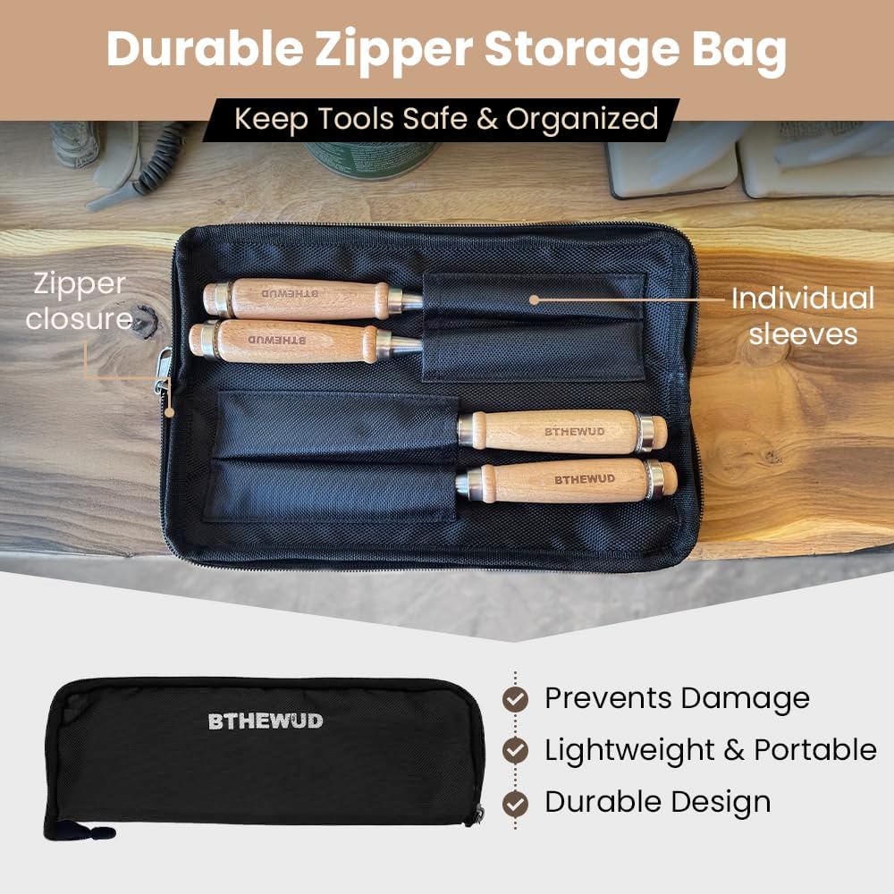 Wood Chisel Set – set of 4 Woodworking Chisels w/CR-V Steel Blades, Zipper Bag - Anti-Rust Coating Wood Chisels for Woodworking - Lightweight & Durable Carpenter Tools for Woodworking