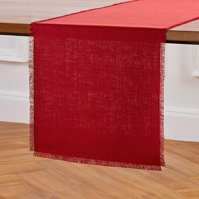 Solino Home Fringe Linen Table Runner 72 Inches Long - 100% Pure Linen Cherry Red Dining Table Runner 14 x 72 Inch for Valentines