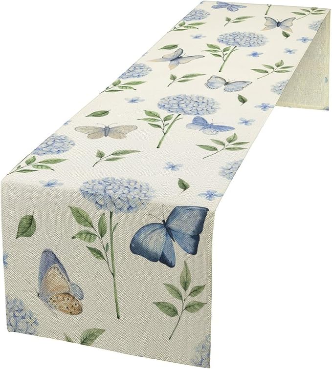 Hydrangea Butterfly Table Runner, Seasonal Spring Summer Table Runner for Holiday Kitchen Dining Home Party Outdoor 13x36in