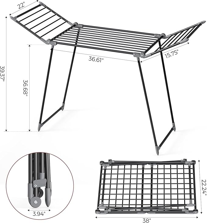APEXCHASER Clothes Drying Rack Foldable, Large Drying Rack Clothing, Winged Laundry Rack Folding Indoor Outdoor, Metal Clothes Airer for Bedding Towel Sweater Heavy Duty, 68.9" X 22" X 41.3", Black