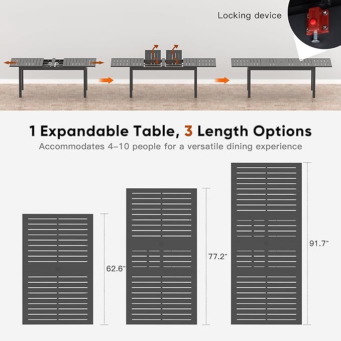Expandable Aluminum Outdoor Dining Table, 3-Adjustable Lengths Patio Dining Table for 6-10 Person, 91.7" L x 33.5" W Metal Patio Table with Umbrella Hole Adjustable Feet for Garden Porch Deck, Grey