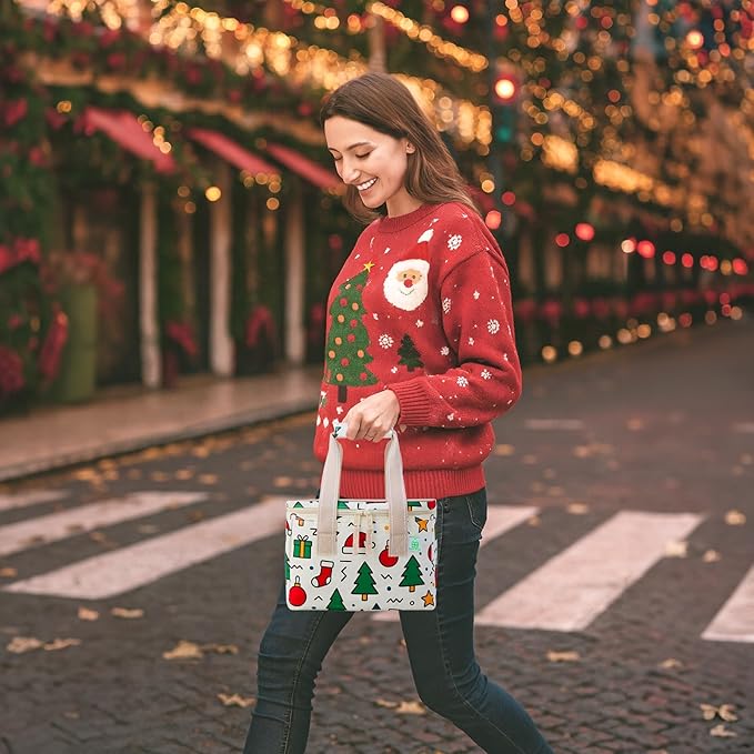 VENO 2 Pack Christmas Insulated Lunch Bag, Heavy Duty Insulated Grocery Bags, Small Cooler with Water-Resistant PP Exterior for Work, Picnic, Travel, Easy-Clean (Jingle Mix, 2 Pack)