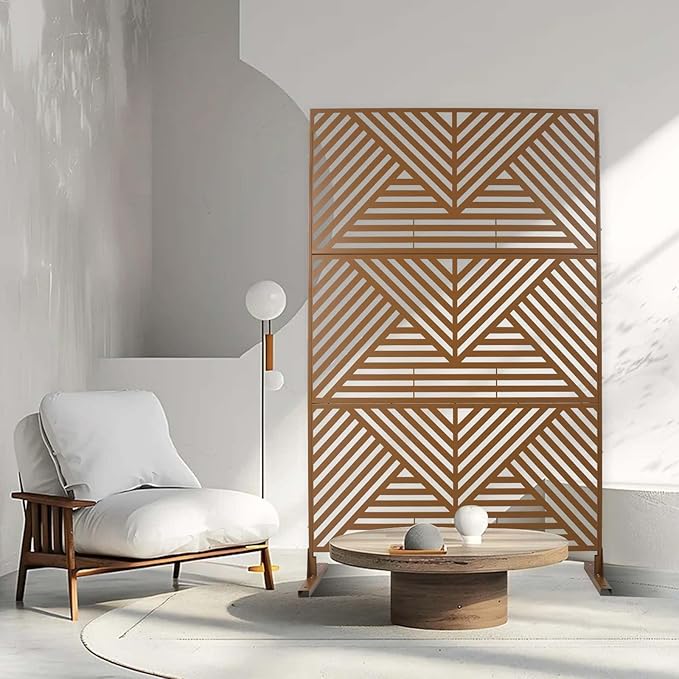 Outdoor Privacy Screen with Geometric Design – Metal Decorative Panel, Freestanding Partition, Weather-Resistant, 76"x48" for Garden, Patio, Balcony, and Yard, Brown